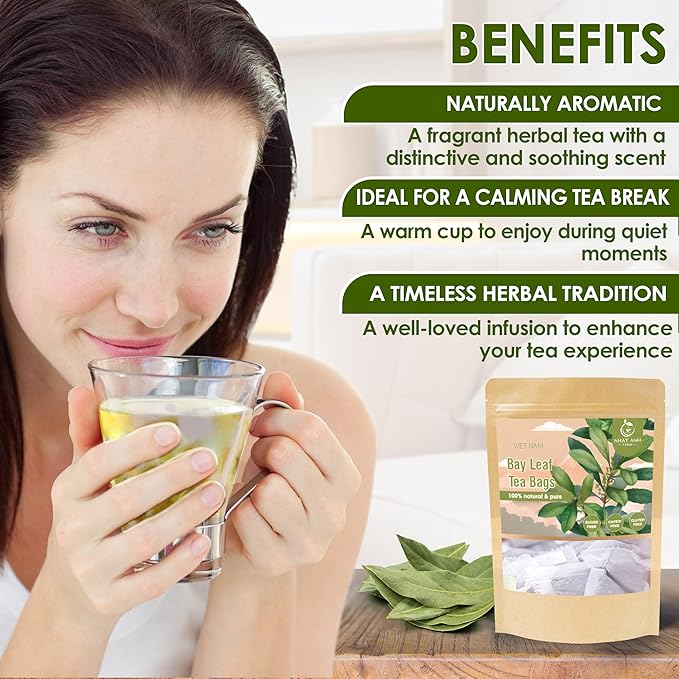 NHAT ANH FARM - Premium Bay Leaf Tea Bags, 100 Tea Bags, 100% Natural Dried Bay Leaf, Sugar-Free, Caffeine-Free, No Additives. Herbal Infusion For Daily Wellness