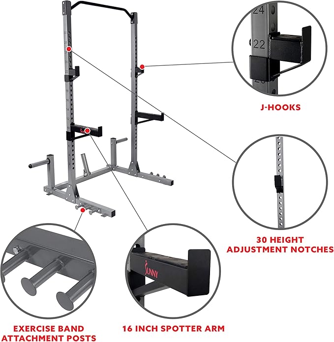 Sunny Health & Fitness Power Cage and Squat Rack In High Weight Capacity with J-Hooks, Adjustable Pull Up Bar, Weight Plate Holders, Resistance Band Posts