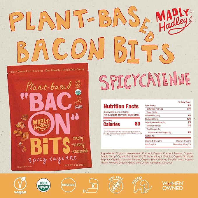 Madly Hadley Plant‑Based Bacon Bits, 2 packs - 6oz | Organic Coconut Vegan Bacon Snack | Topping for Salads, Pasta & Pizza | Gluten & Soy Free, Non-GMO, Vegetarian - Spicy Cayenne