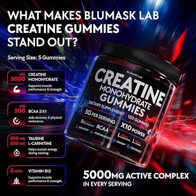 Creatine Monohydrate Gummies Complex 5000 MG for Men & Women, Preworkout Gummy with BCAA, L-Carnitine, Taurine & Vitamin B12 for Muscle Growth, Strength & Energy Support , Flavored and Chewable