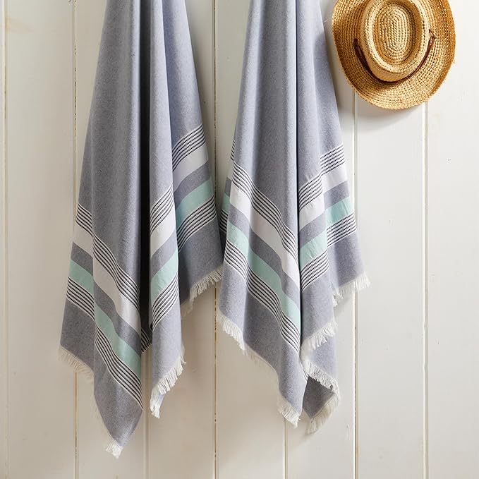 The Good Earth | 2 Pack Oversized Turkish Beach Towel Set Made of 100% Cotton | Luxury Turkish Beach Towels 35" x 78" | Turkish Beach Towels Oversized | Designed in USA | Safaga - Blue