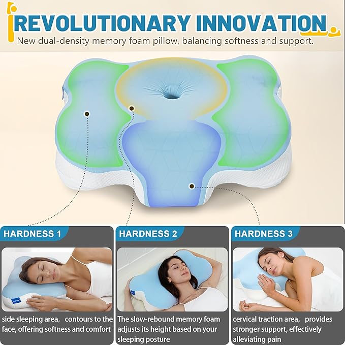 Cervical Neck Pillow for Pain Relief - Ergonomic Side Sleeper Pillows with Dual-Density Memory Foam, Orthopedic Neck Support Pillow for Sleeping, Cooling Pillow for Back Stomach Sleepers