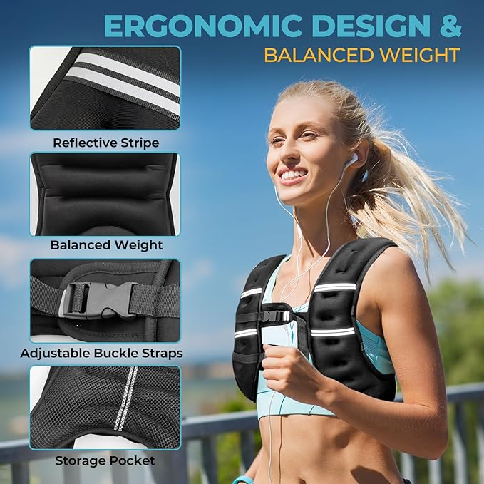 Weighted Vest, 12lb/16lb/20lb Weight Vest with Reflective Stripes for Men Women, Two Adjustment Straps for Workout, Strength Training, Running, Fitness, Muscle Building, Weight Loss