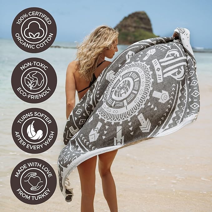 FESHKA Sand Proof Turkish Beach Towel – Oversized, Quick Dry & Lightweight Travel Towel - 100% Organic Cotton Beach Blanket - Perfect for Bath, Pool & Picnic | Gobeklitepe (Black)