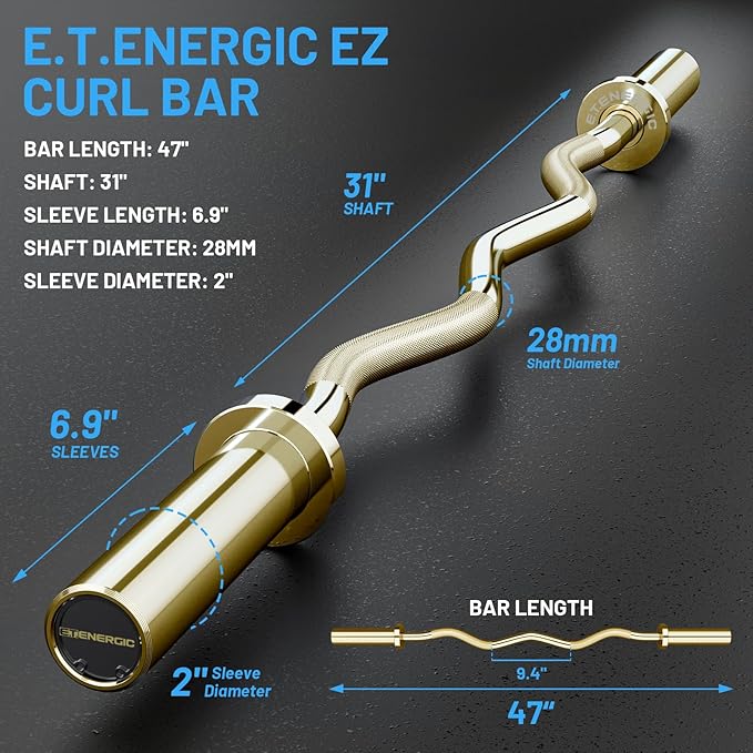 47" Olympic EZ Curl Bar 500-lbs Capacity Steel Barbell Suitable for 2" Weight Plates, 2-Inch Curl Bar for Weight Lifting,Hip Thrusts,Squat,Biceps-Home Gym Weight Bar
