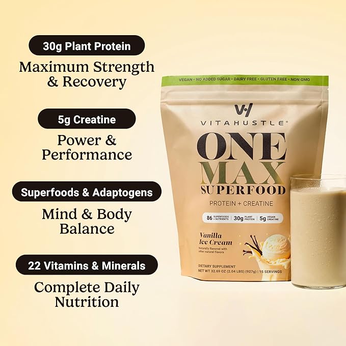 VitaHustle ONE Max Protein + 5g Creatine, 30g Plant Protein Powder, All-in-One Meal Replacement Shake with Greens, Adaptogens, Ashwagandha, Probiotics & Vitamins – Vanilla Ice Cream, 15 Servings