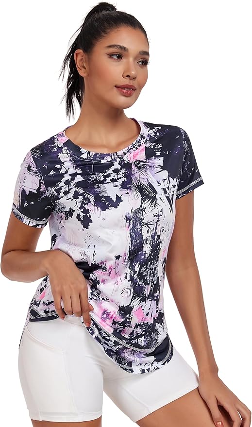 Women's Short Sleeve Workout Shirts Crewneck Sports Yoga Running Dry Fit Tops Side Split Tee