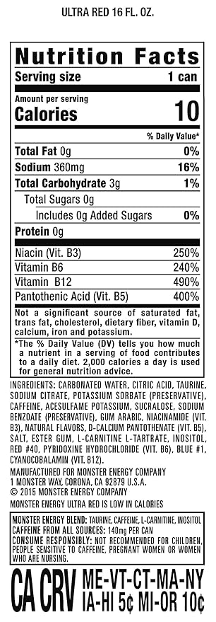 Monster Energy Ultra Red, Sugar Free Energy Drink, 16 Ounce (Pack of 24)
