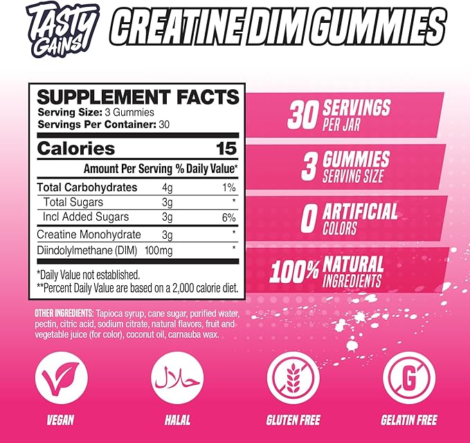 Creatine Gummies for women | 3g Creatine Monohydrate Per Serving | DIM Supplement 100 mg | Estrogen Balance for Women | Hormonal Acne, Hormone Balance, Glute Builder | Pineapple Mango Flavor