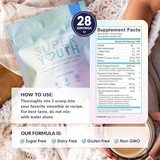 SkinnyFit - Super Youth Collagen for Women - Multi Collagen Peptides Powder - Probiotics, Fiber, Hyaluronic Acid - Non GMO, Gluten Free, Sugar Free - Beauty & Self Care - Unflavored (28 Servings)
