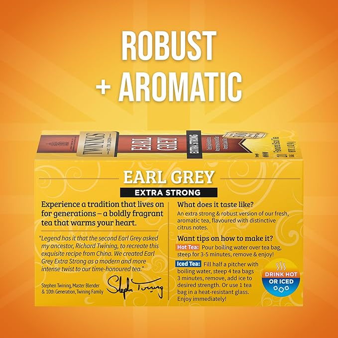 Twinings Earl Grey Extra Strong Black Tea Individually Wrapped Bags, 20 Count (Pack of 6), Flavoured with Citrus and Bergamot, Caffeinated, Enjoy Hot or Iced, 120 Teabags