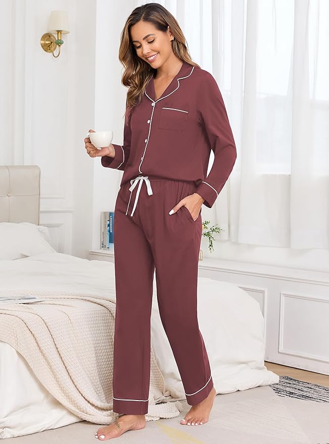 Veseacky 100% Cotton Pajamas for Women Set Long Sleeve Button Down Sleepwear Soft Pjs Lounge Sets with Pockets S-XXL