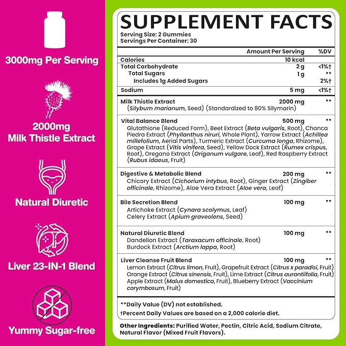 Liver Cleanse Detox & Repair Gummies, 2000 mg Milk Thistle Supplement with Dandelion Root, Glutathione & Artichoke, 23-in-1 Herbal Formula for Liver Detox & Health, Sugar-Free, Vegan, 60 Gummies
