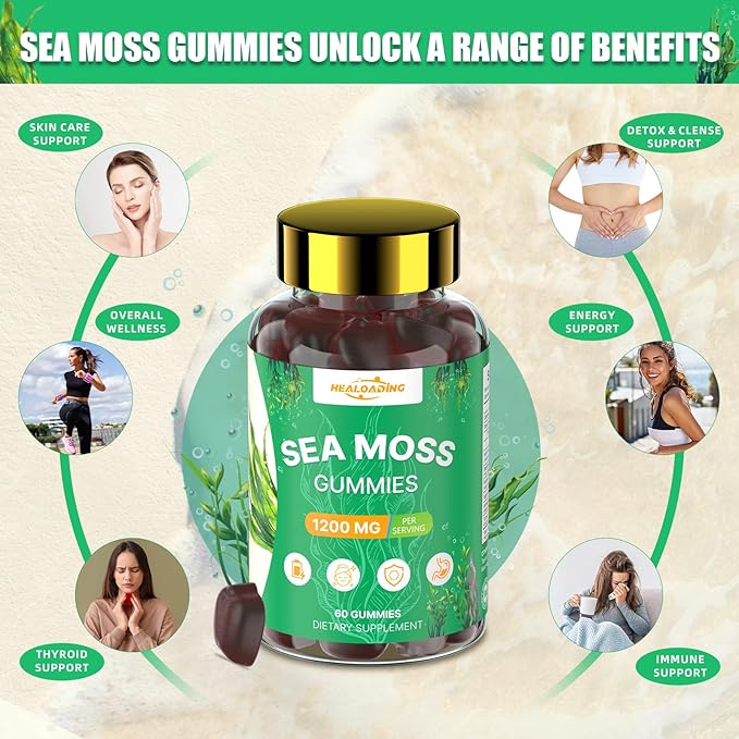 Irish Sea Moss Gummies: Seamoss Gummies Supplement with Bladderwrack Burdock Root & Ashwagandha Boosts Immune Support Gut Health Vegan Supplement for Adults & Kids 60 Gummies