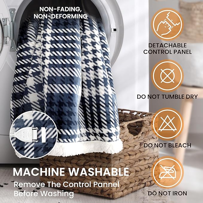 Heated Blanket Electric Throw-50''x60''Ultra Soft Cozy Plaid Flannel Fast Heating Electric Blanket with 10 Heat Levels & 10 Hours Auto Off, ETL Certified, Keep Warm in Couch Bed Office(Navy)