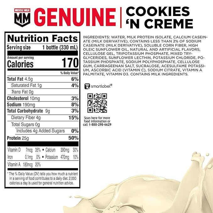 Muscle Milk Genuine Protein Shake, Cookies and Creme, 11.16 Fl Oz Bottle, 12 Pack, 25g Protein, Zero Sugar, Calcium, Vitamins A, C & D, 4g Fiber, Energizing Snack, Workout Recovery, Packaging May Vary