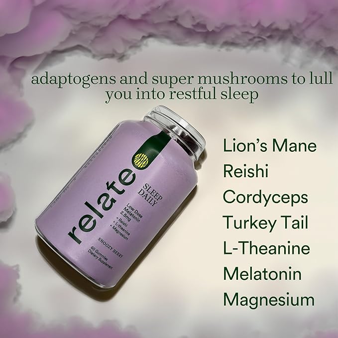 Relate Sleep Daily Gummies - Mushroom-Infused Sleep Support with Low-Dose Melatonin, Magnesium, L-Theanine, Lion's Mane, Reishi, Cordyceps, and Turkey Tail Mushrooms - Vegan, Made in USA - 60 Count