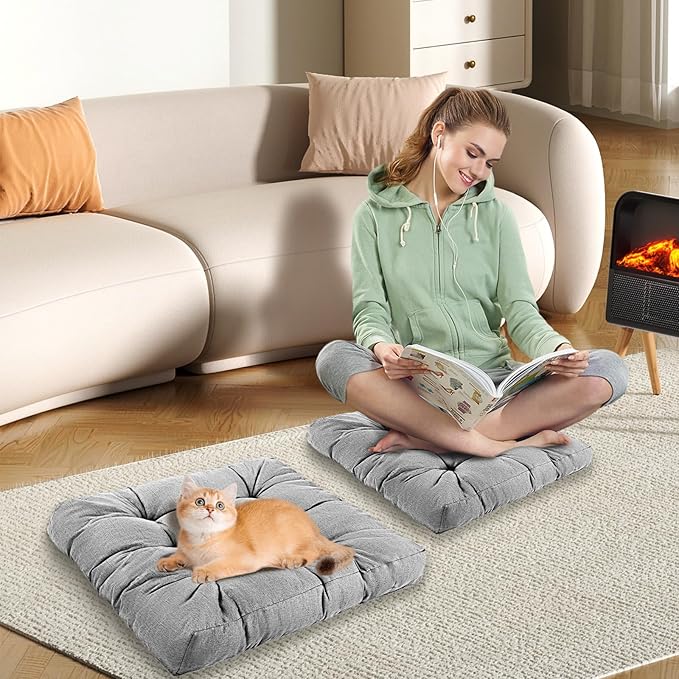 Meditation Floor Cushions Set of 2, Thickened Floor Pillow for Adults, Large Square Pillows Seat Cushion for Tatami Living Room Yoga, Memory Sponge Block Added, 22x22 Inch, Grey