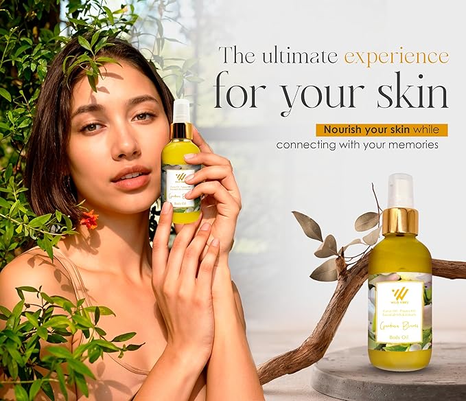 Wild Vibes Gardenia Blooms Organic Luxury Body Oil with Tropical Oils & Lupin Extract – Fast Absorbing Oil for Skin with Floral Scent – After Shower Care for Women 4 oz