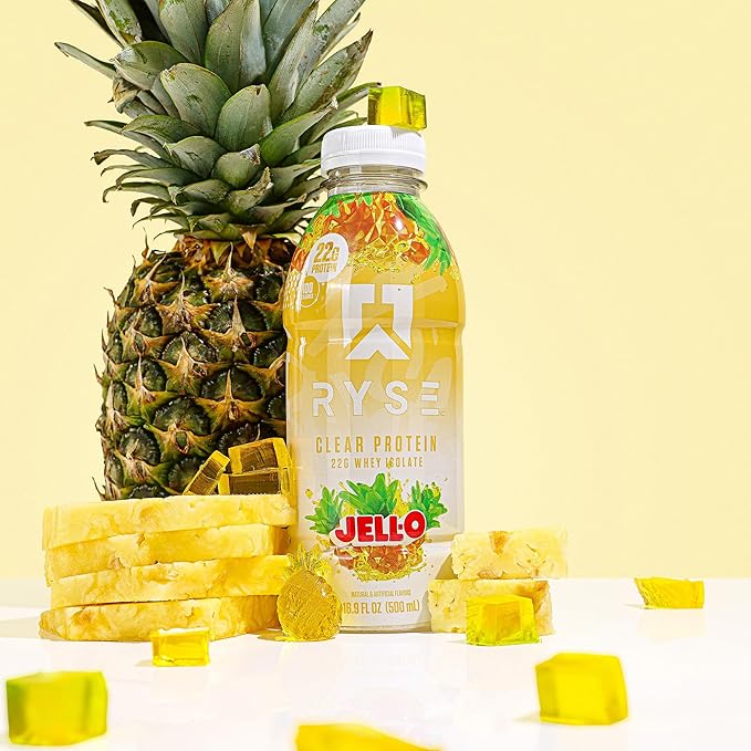 RYSE Clear Protein Shake - Jell-O Island Pineapple - 100 Calories, 22g Whey Isolate Protein, Sugar-Free, 0g Fat & Lactose-Free - Refreshing Ready-to-Drink Beverage - 16.9 fl oz Bottles (12-Pack)
