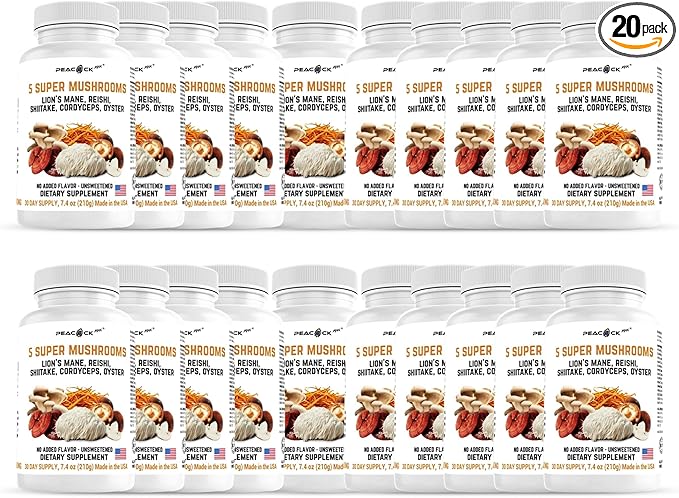 Mushroom Supplement Capsules, Pack of 20 (180 Count Each) – Reishi, Shiitake, Cordyceps, Oyster Mushrooms & Lions Mane Supplement Capsules