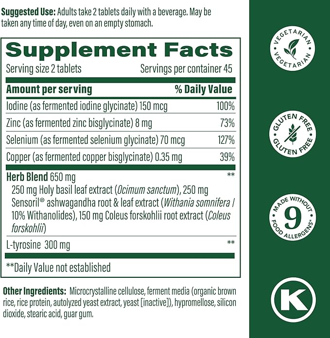 MegaFood Thyroid Strength - Mineral Supplement- Thyroid Support for Women with Ashwagandha, Zinc, Selenium, Copper, Iodine & L-Tyrosine - 90 Tabs (45 Servings)