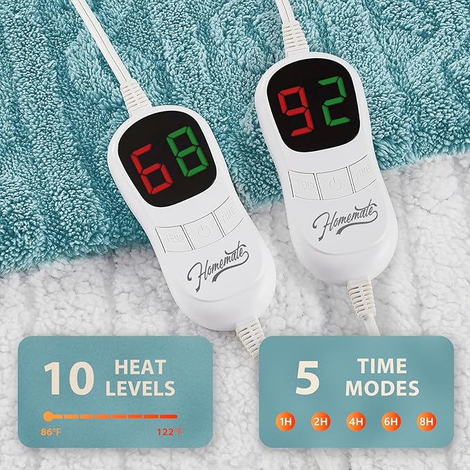 Homemate Electric Heated Blanket King - 100"x90" Heating Bed Blankets Throw with 10 Heating Levels 8 Hours Auto Off Fast Heating Over-Heated Protection Ultra Soft Warm Flannel ETL Certified