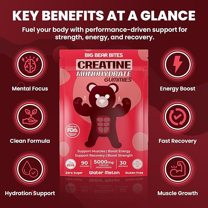 Creatine Monohydrate Gummies for Men & Women | 5000mg of Creatine Gummies per Serving | Sugar, Gluten Free & Halal | Pack of 90 for Pre Workout & Muscle Recovery | Watermelon Flavor