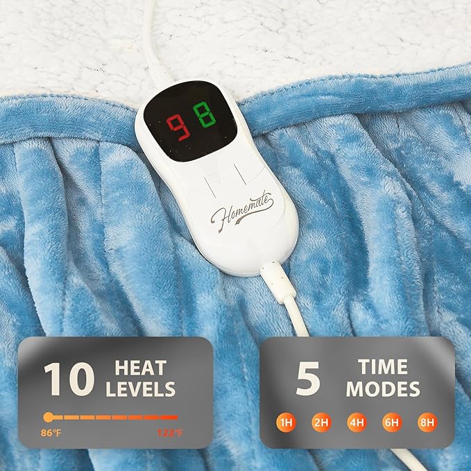 Homemate Electric Heated Blanket Full Size - 72"x84" Heated Bed Blanket Throw with 10 Heating Levels 8 Hours Auto Off Fast Heating Over-Heat Protection-Ultra Soft Flannel ETL Certified, Blue