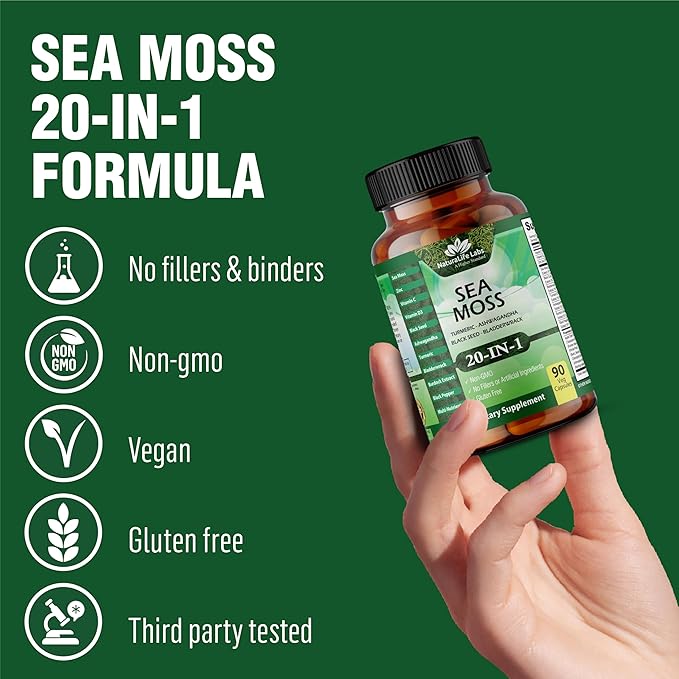 Sea Moss, Black Seed Oil, Bladderwrack, Turmeric, Ashwagandha, Burdock, Vitamin C, D3, Yellow Dock Root, Manuka, Dandelion - 90 Veggie caps