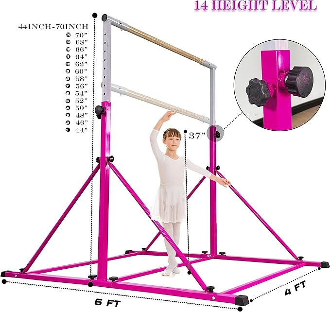 Gymnastic Bar for Kid and Teenage Ages 3-25, 5 FT / 6 FT Base Length, 5 FT / 6 FT Height, Gymnastic Kip Bar Horizontal Bar for Gymnast, Gymnastic Training Equipment for Home and Club Use