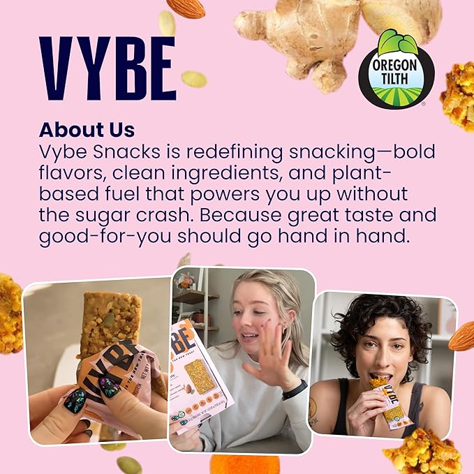 Vybe Snacks Savory Nutrition Bars Turmeric Ginger Flavor | Plant Based Vegan, Zero Added Sugar, Gluten Free, Keto Friendly, No Artificial Ingredients, Organic, 8-9 gm Protein & Gut Friendly Fiber Crunchy & Delicious (Box of 12, 45g each)