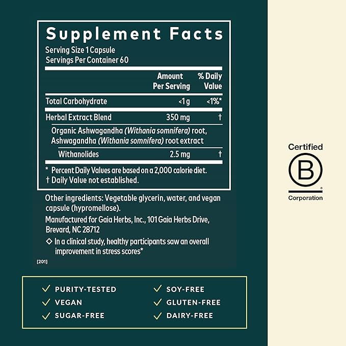 Gaia Herbs Ashwagandha Root - Stress Relief & Sleep Support Supplement - Supports Balanced Energy Levels & Positive Outlook* - 60 Vegan Liquid Phyto Capsules (30-Day Supply)