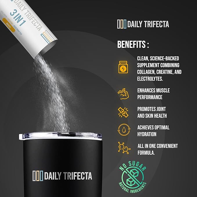 Daily Trifecta 3-in-1 Collagen, Creatine & Electrolyte Stick Packs | Type I Collagen, Creatine Monohydrate, Zero Sugar | 30 Natural Single-Serve Packets | Strength, Hydration & Recovery (Mango)