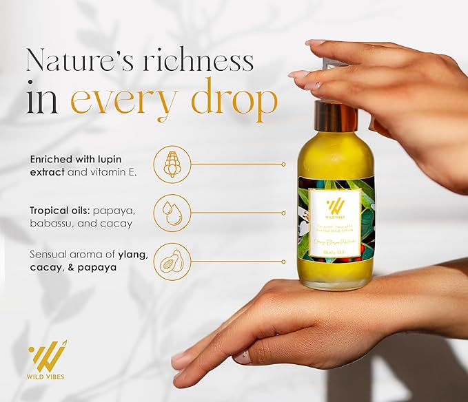 Wild Vibes Orange Blossom Patchouli Organic Luxury Body Oil with Tropical Oils & Lupin Extract – Fast Absorbing Oil for Skin with Floral Scent – After Shower Care for Women 4 oz