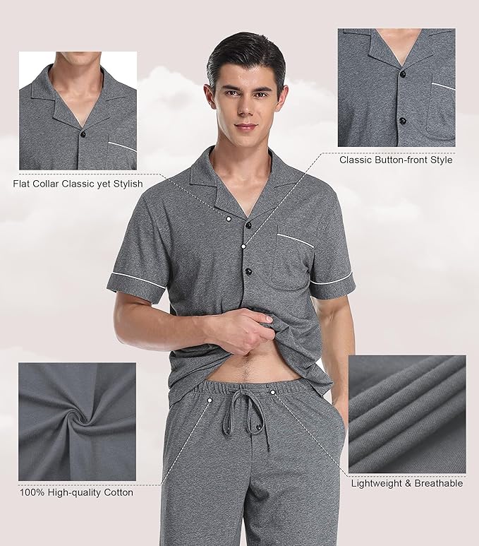 COLORFULLEAF Men's 100% Cotton Pajamas Set Button Down Sleepwear Short Sleeve and Long Pants Pjs