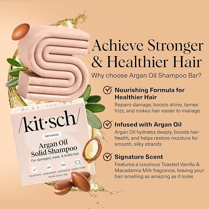 Kitsch Argan Oil Shampoo Bar – Repairing Hair Shampoo for Men & Women – Strengthening, Nourishing Hair Care, Reduce Breakage & Boost Elasticity – Silicone, Paraben & Sulfate Free, Made in USA - 3.2 oz