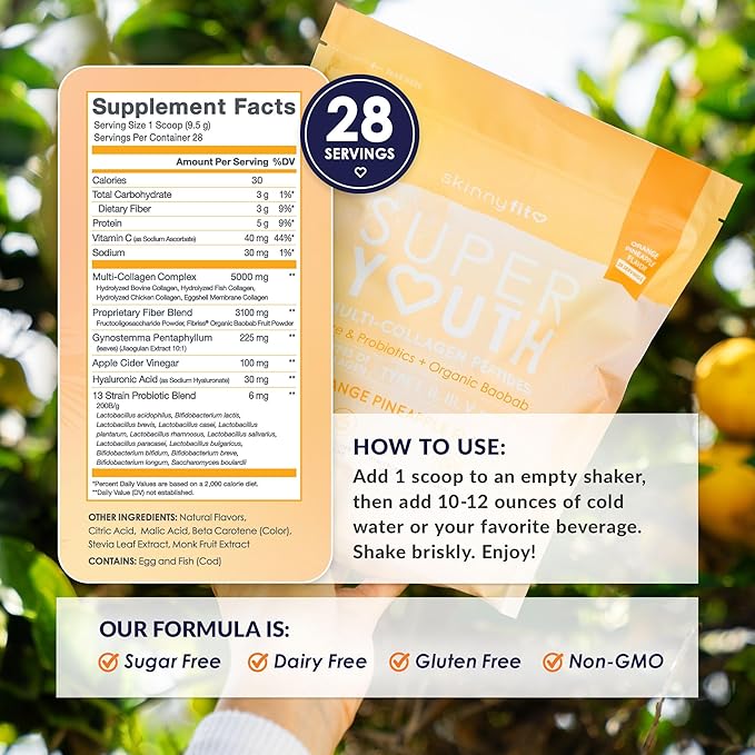 SkinnyFit - Super Youth Collagen for Women - Multi Collagen Peptides Powder - Probiotics, Fiber, Hyaluronic Acid - Non GMO, Gluten Free, Sugar Free - Beauty - Orange Pineapple (28 Servings)