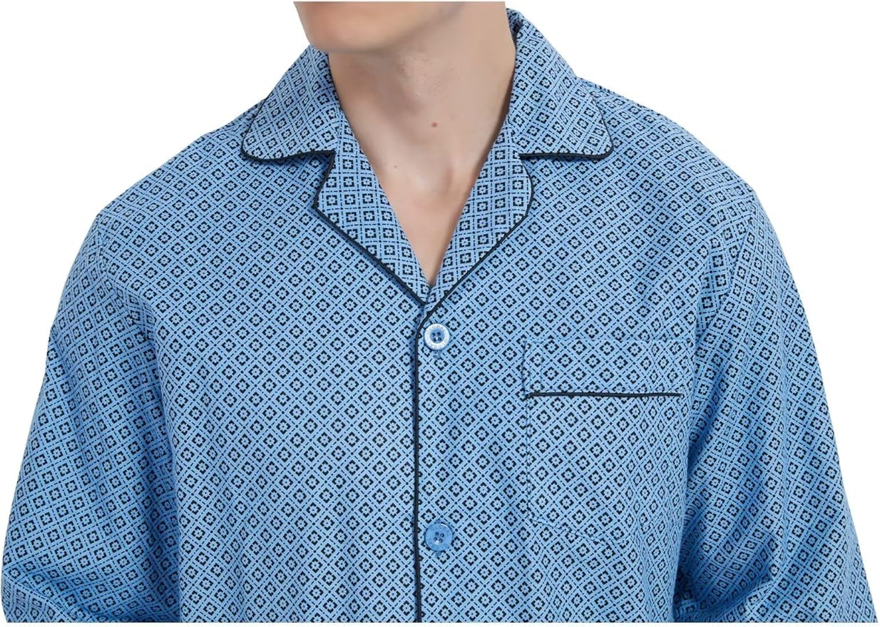 GLOBAL Men's Pajamas Sets 100% Cotton Flannel Sleepwear Long-Sleeve top & Bottom