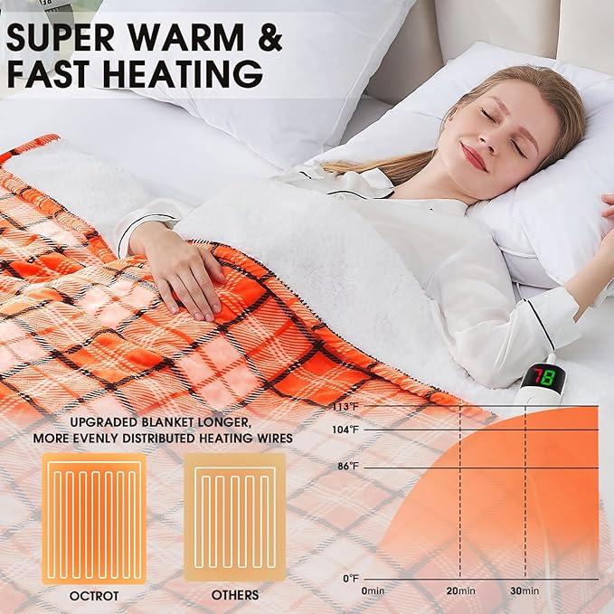 Heated Electric Blanket Queen Size, 84X90 Heating Blanket Queen with Dual Control&10 Heats Levels&Timer for Bed,Orange Plaid Sherpa Blankets Warmer Gift for Grandma Women Halloween Home Decor, ETL