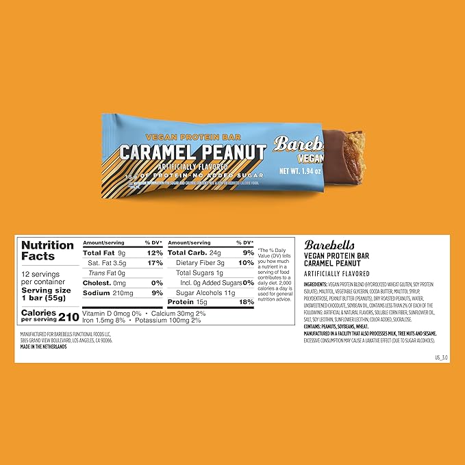 Barebells Plant Based Protein Bars, Peanut Caramel – 24 bars (2 Packs of 12) - 15g of Plant-Based High Protein Treats – Vegan Chocolate Nutrition Bar with 1g Total Sugar - On The Go Breakfast or Post-Workout Snack