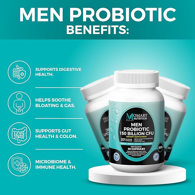 8 in 1 Bio Cultures Complex for Men, 150 Billion CFU Probiotics | 37 Diverse Strains | Organic Prebiotics | Postbiotics | Digestive Enzymes, Support Digestive Health, Microbiome, Colon & Immune Health