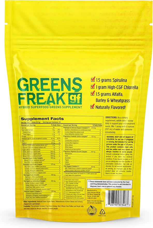Pharmafreak Greens Freak β Superfood Greens Powder with Spirulina, Chlorella & 30+ Raw Ingredients β Sweet Apple Flavor β Detox, Immunity & Digestion Support β 30 Servings β Eco-Friendly Pouch