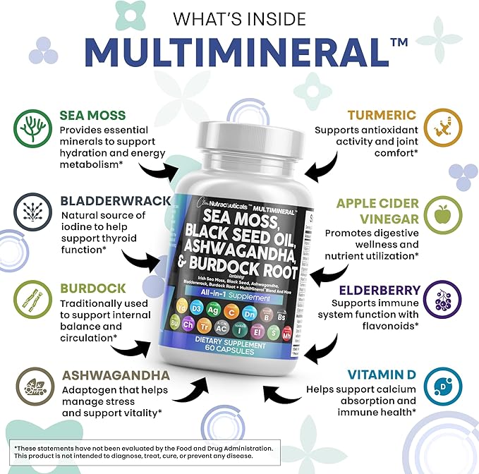 Sea Moss Black Seed Oil Ashwagandha Turmeric Bladderwrack Burdock & Vitamin C Vitamin D3 with Elderberry Manuka Dandelion Yellow Dock Iodine Chlorophyll ACV