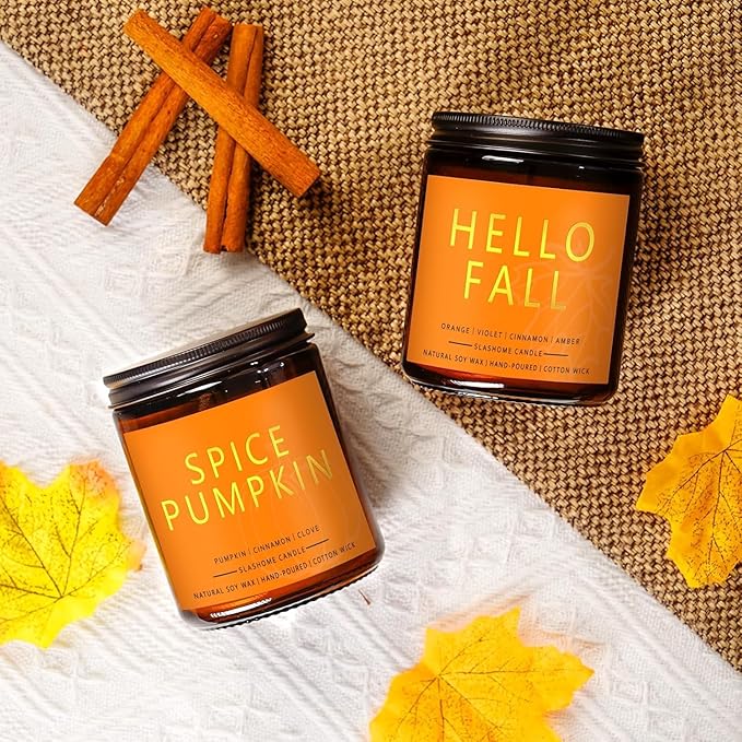 Fall Candles Set | 4 Pack Candles for Home Scented Natural Soy Wax, Autumn Gifts Set for Women Men, Fall Fragrance of Hellofall, Spice Pumpkin, Apple Cider, Hot Cocoa