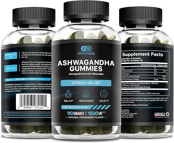 EFFECTIVE NUTRA Ashwagandha Gummies 1500mg | Stress Relief, Immune Support, Calm Mood, Energy | Natural Berry Flavor | 90-Day Supply | Vegan, Gluten-Free, Non-GMO | Supplement for Men & Women (2-Pack)