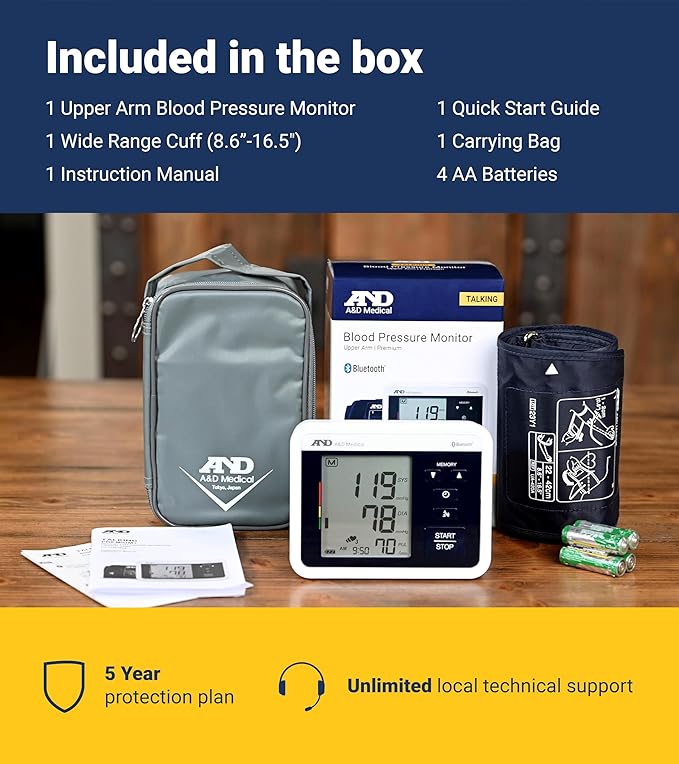 A&D Medical Voice-Guided Blood Pressure Monitor for Home Use with Bluetooth, UA-1040TBLE - Wide Range Cuff (8.6-16.5" / 22-42cm) Ideal for Visually Impaired - 3 Language Selections, Accessible