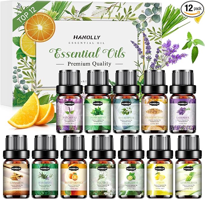 Essential Oils Set, Aromatherapy Essential Oil Kit for Diffuser, Humidifier, Massage, Skin Care (12 x 5ml) - Tea Tree, Lavender, Sweet Orange, Eucalyptus, Lemongrass, Peppermint