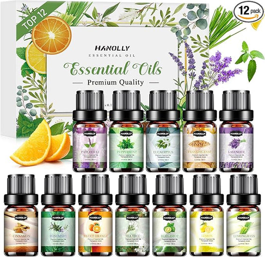 Essential Oils Set, Aromatherapy Essential Oil Kit for Diffuser, Humidifier, Massage, Skin Care (12 x 5ml) - Tea Tree, Lavender, Sweet Orange, Eucalyptus, Lemongrass, Peppermint
