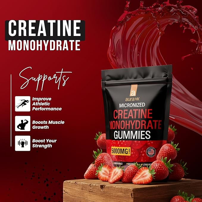 Creatine Monohydrate Gummies 5000mg- 120 Count Sugar Free for Men & Women - Strawberry Flavor Vegan Creatine Supplement for Muscle Strength, Energy, Endurance & Workout Gummies